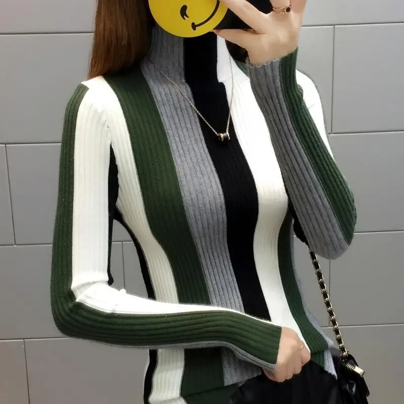 Autumn Winter New Half High Neck Sweater Women's Colored Long Sleeved Pullover Patchwork Screw Thread Versatile Stripe Knit Top