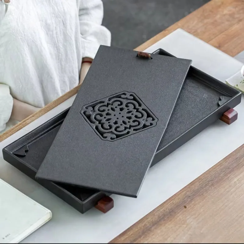 STLF e Ancient Style Hand Carved  Creative Natural Black Stone Tea Tray Home Small Tea Table Tea
