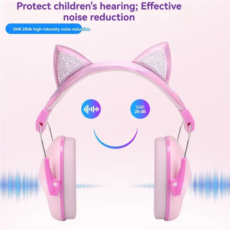 N82R Pink Cat Ears Kids Earmuffs Adjustable Anti-Noise Hearing Protector For Children For Study & Sleep Noise Cancelling