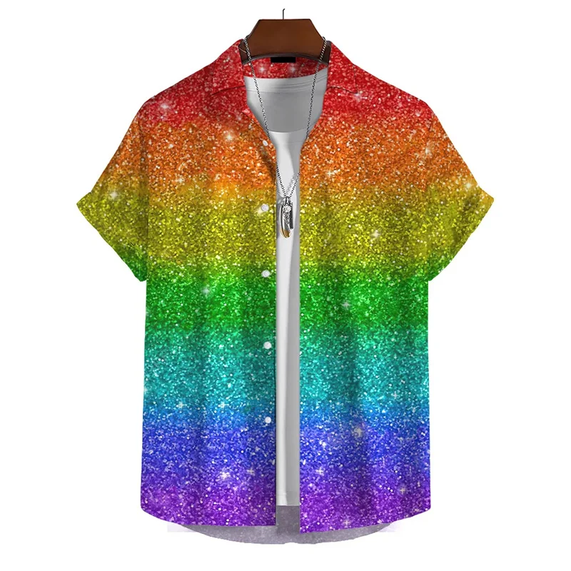 2024 3d Print Rainbow Shirt Men Summer Lapel Short Sleeved Holiday Party Shirts Streetwear Hip Hop Blouse Tops Male Clothing