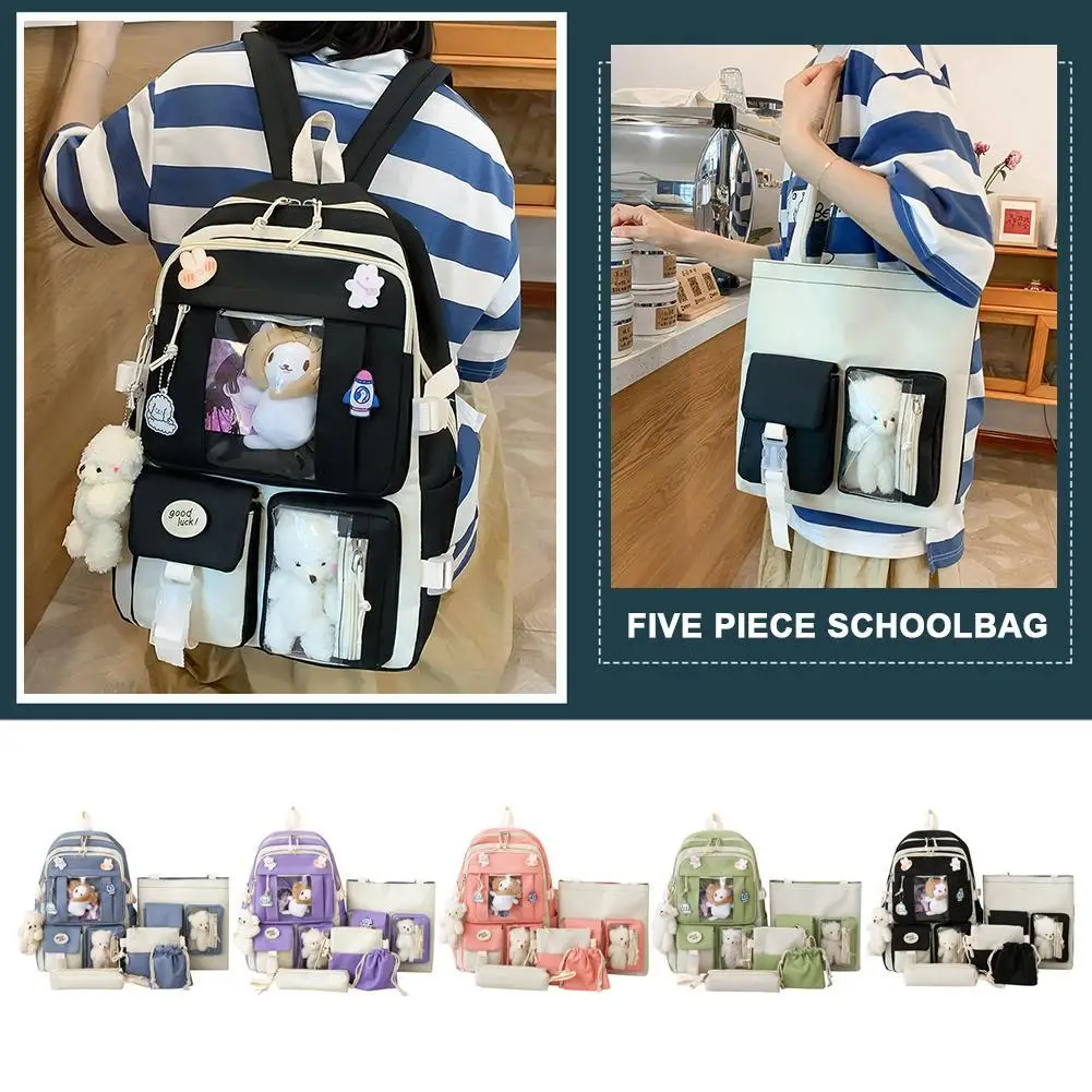 5 Buah/Set Ransel Wanita Kawaii 2023 Tas Sekolah Kapasitas Besar Siswa Lucu Korea Tas Punggung Ransel Perjalanan Sekolah Anak Perempuan Korea Baru