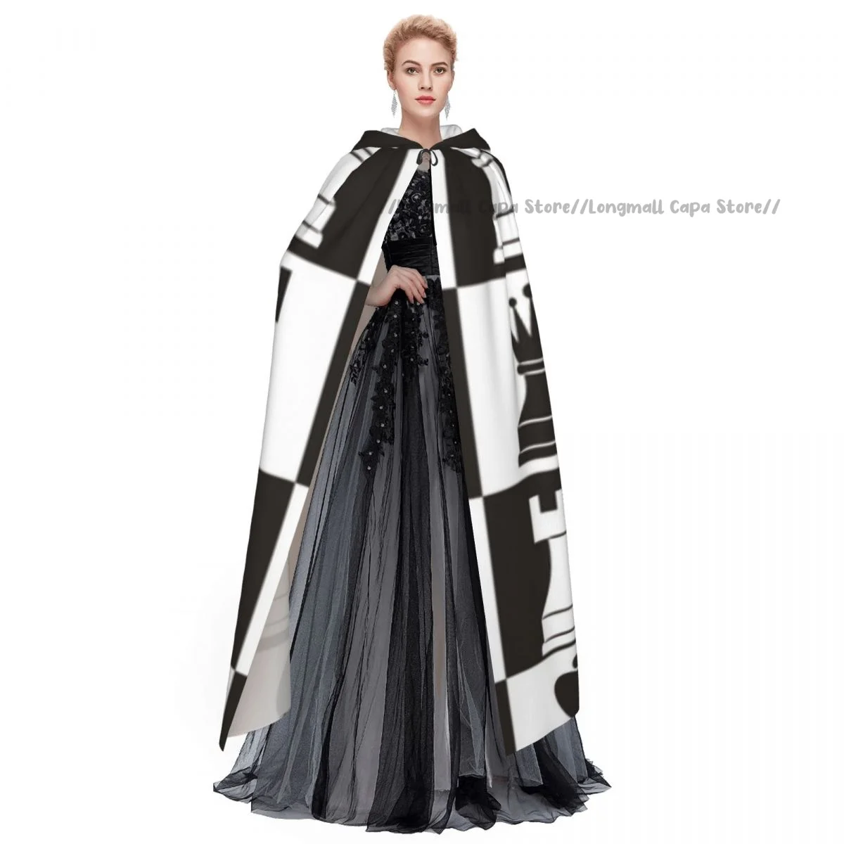 Adult Vampire Cape Hooded Robe Chess Pieces On Board Halloween Cloak Full Length Cosplay