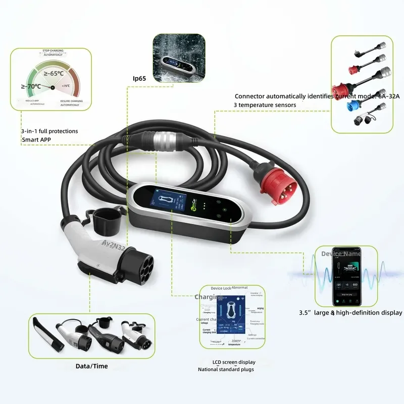 22kW EV Charger Type 2 Portable Charging Station for with WIFI APP Control 3-in-1 Adapters Intelligent