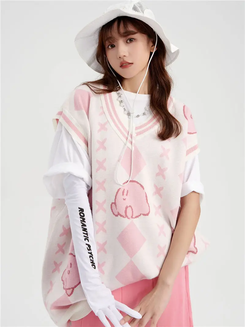 Korean Sweet Jacquard Sweater Vest Loose All-match Casual Y2k Top Knitted Vests 2024 Autumn New Harajuku Gothic Waistcoat Women
