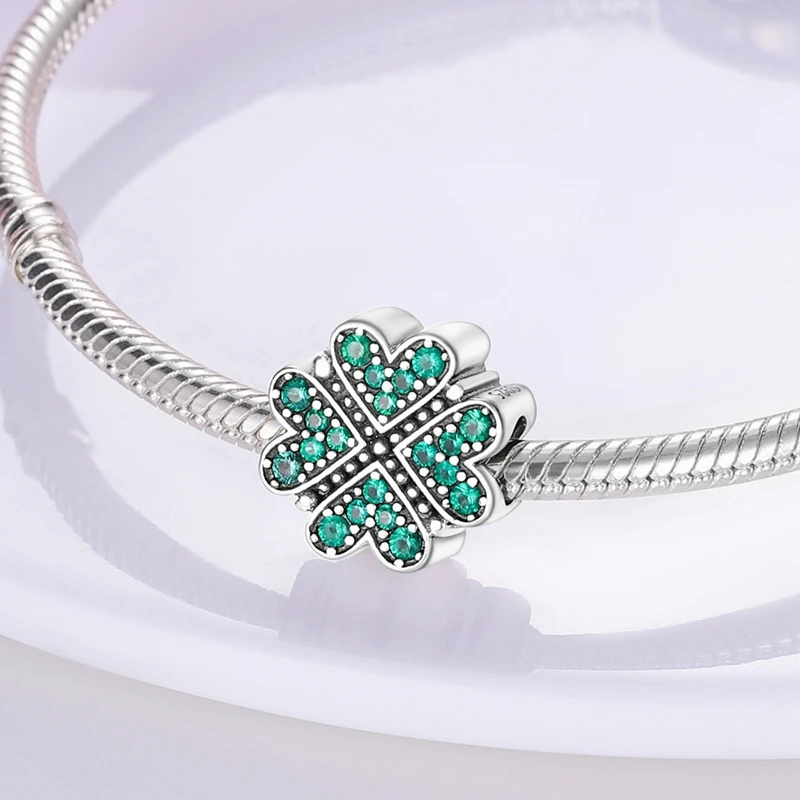 925 Sterling Silver Green Charms Beads Four Leaf Clover Dangle For Women Girls Original Bracelet DIY Jewelry Gifts - view 2