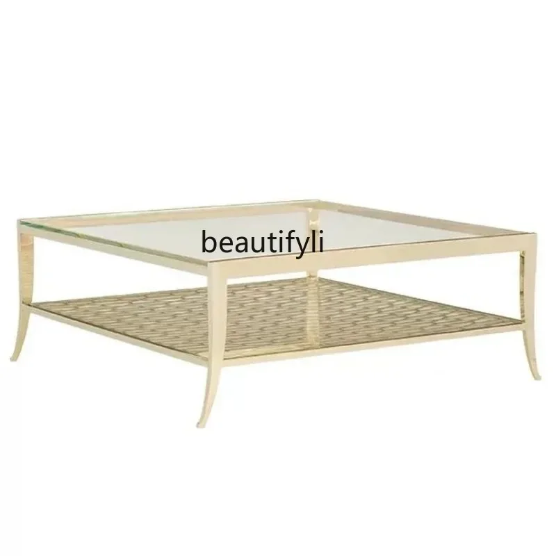 

Stainless steel coffee table American light luxury living room tempered double glass designer square coffee table4567