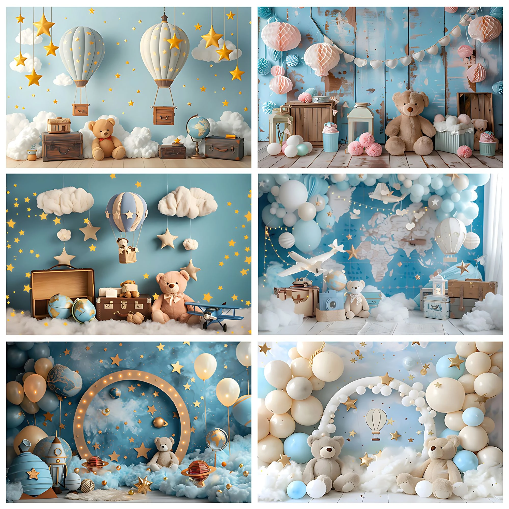 Blue Balloon Little Bear Rainbow Photography Background Kids Birthday Party Decoration Banner Supplies Baby Photo Shoot Props