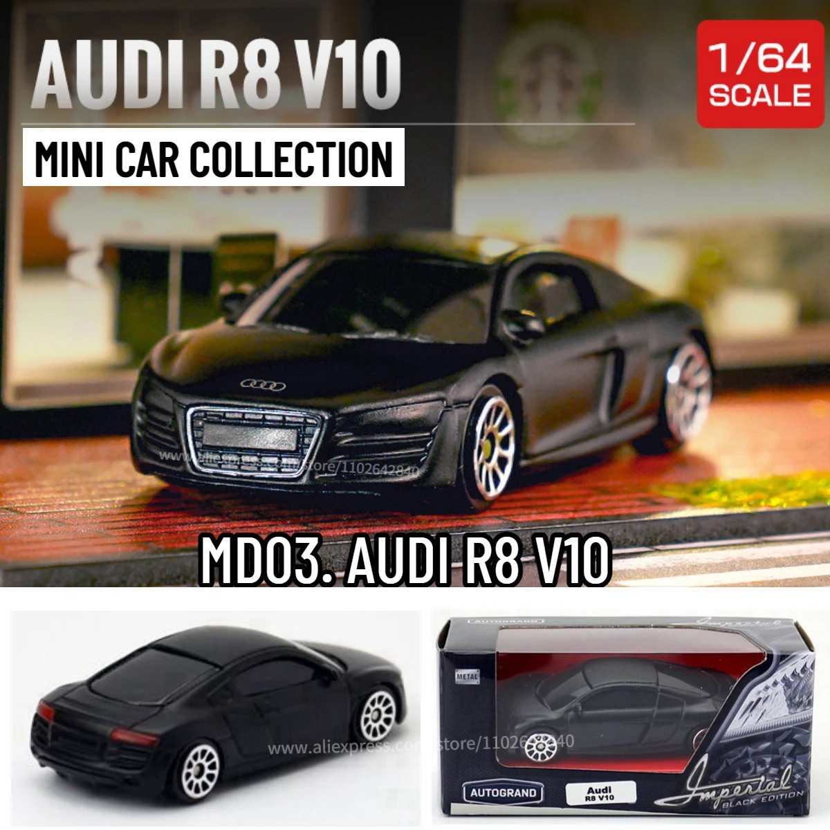 Scale 1/64 Metal Mini Car Model, AUDI R8 V10 Black Replica Miniature Art Vehicle Collection Diecast Gift Toy for Kid Boy