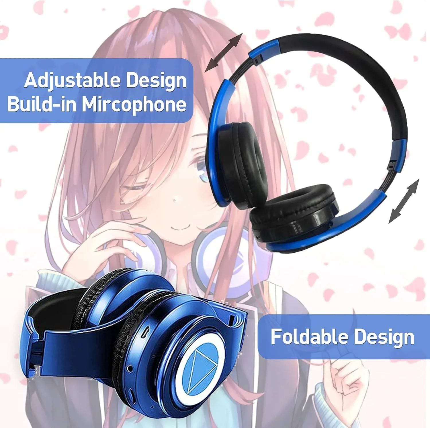 

Беспроводные полноразмерные наушники для косплея с голосовыми подсказками в стиле аниме, Bluetooth 5.0, воспроизведение с TF-карты и AUX, складные Hi-Fi наушники для игр