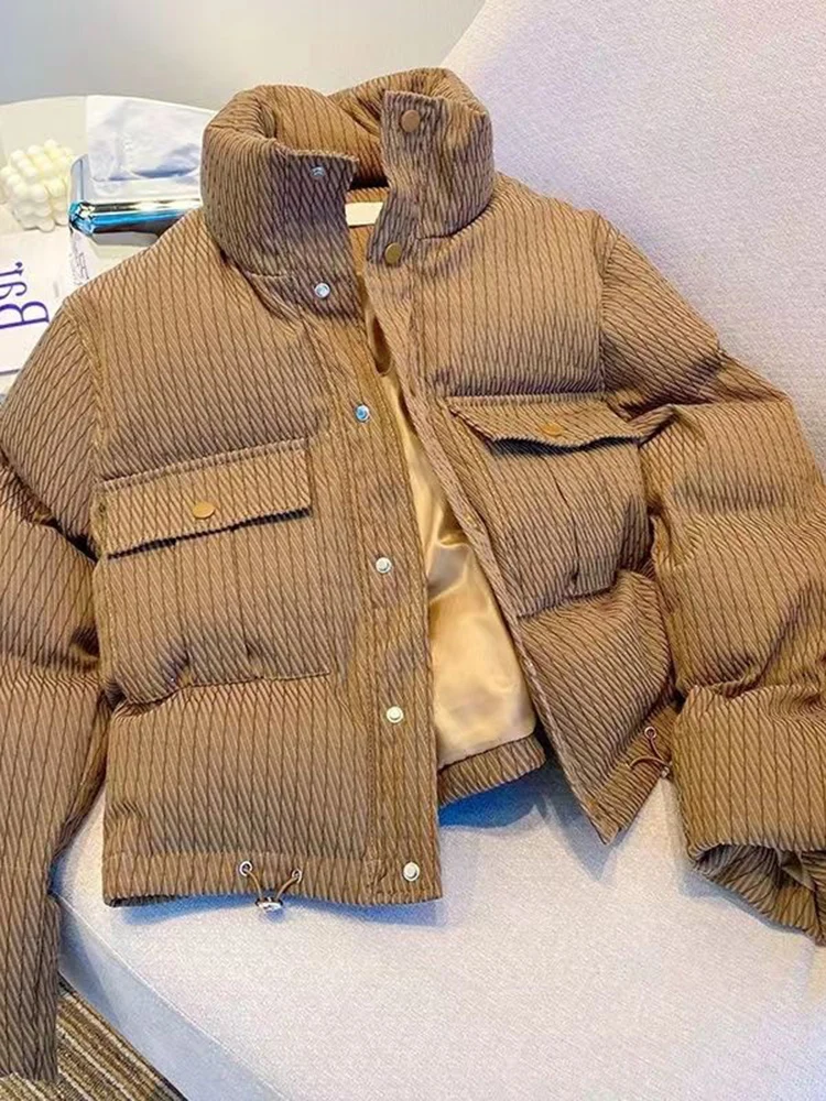 Gestreepte Vintage Winter Gezwollen Jas Vrouwen Lange Mouw Dikke Warme Katoenen Casual Koreaanse Stand Kraag Vrouwelijke Y2k Tops