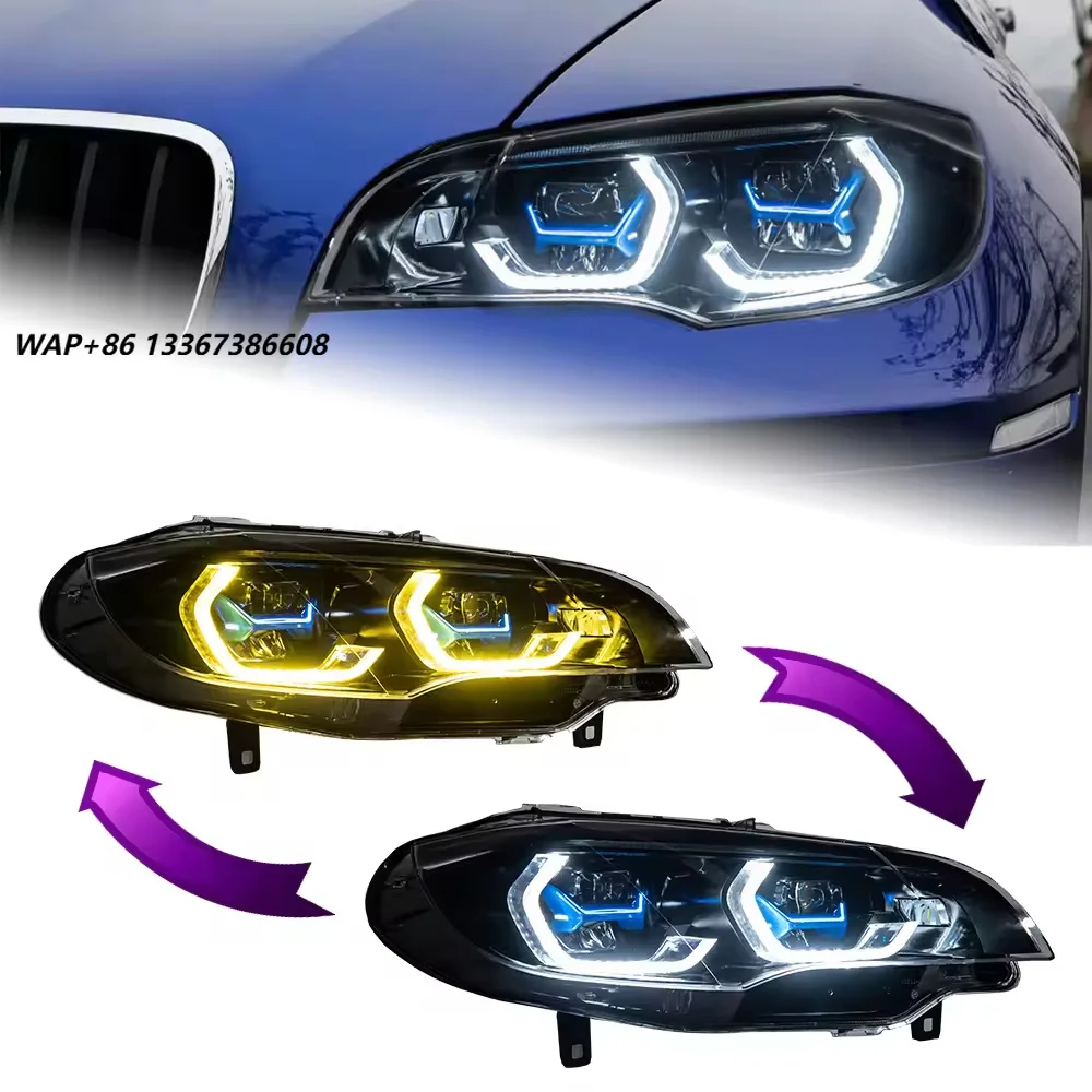LED Headlights for X6 E71 2008-2014 Led Headlight Assembly Angel Eye Drl Hexagon Style Dual Color Projector Headlamp