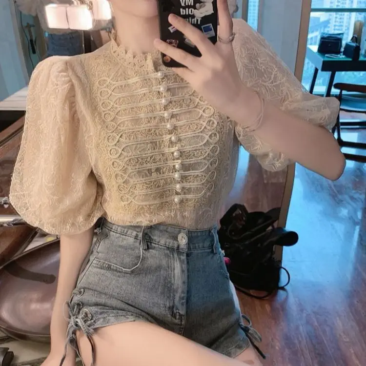 Summer and Autumn Casual Pure Color Simple French Temperament Bubble Sleeves Lace Niche Nail Bead Tops for Women
