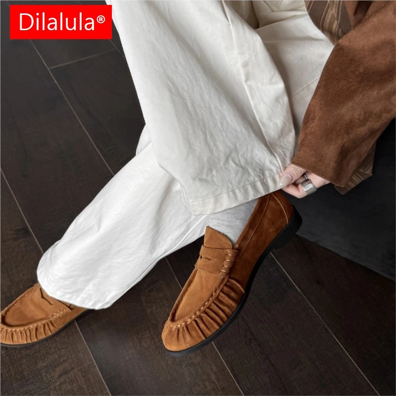 

Dilalula 2026 Trendy Genuine Leather women's Pleated Loafers Round Toe Low Heel Slip On Casual Pumps Female Daily Walk Shoes