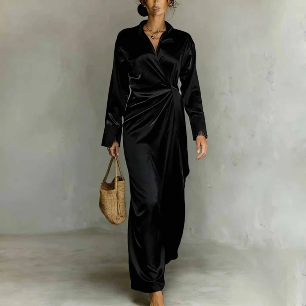 Elegant Lapel V-Neck Shirt Dress Women Fashion Draped Loose Long Dress 2026 Casual Commuting Satin Long Sleeve Party Dress