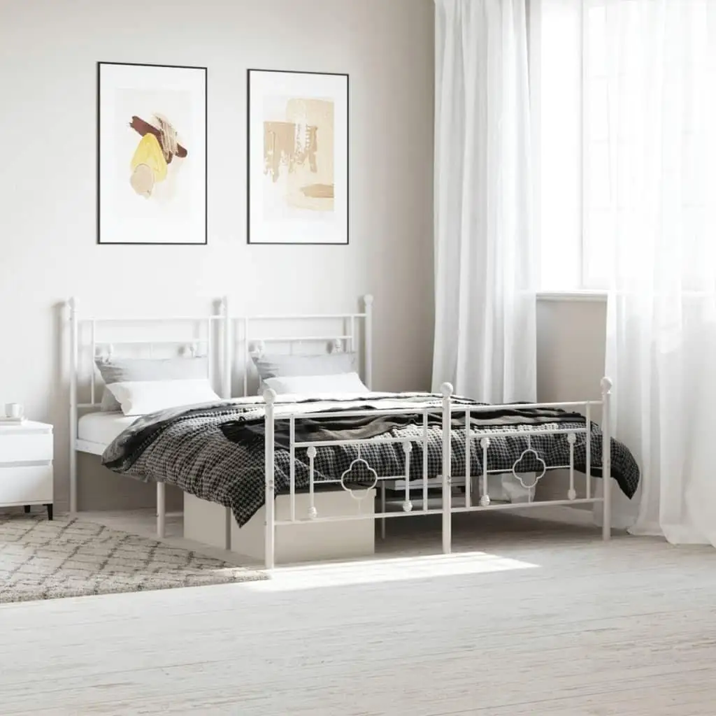 White Metal Bed Frame with Footboard - 59.1x78.7 Inches, No Mattress Included