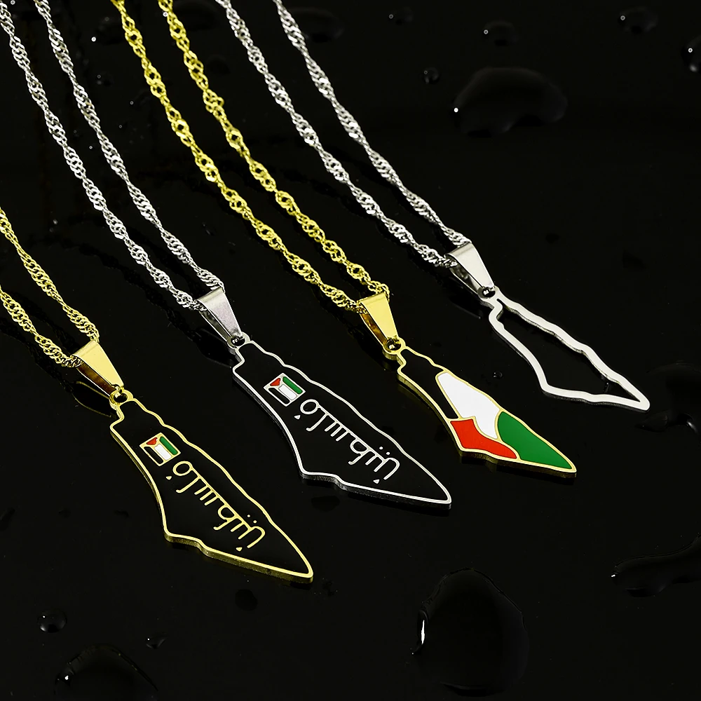 Fashion State of Palestine Map Flag Pendant Necklace Stainless Steel Men Women Country Map Ethnic Jewelry Gift