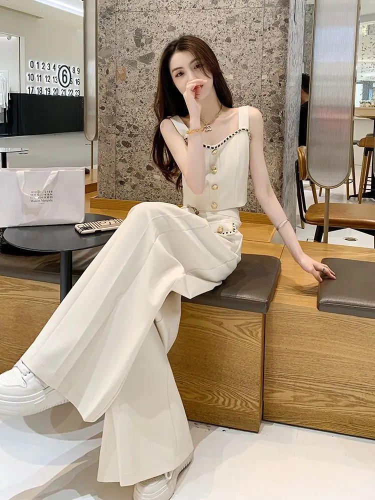 New Small Fragrance Summer 2 Piece Set Women Fashion Casual Sleeveless Camisole Crop Top + Wide Leg Pants Women's Tracksuit