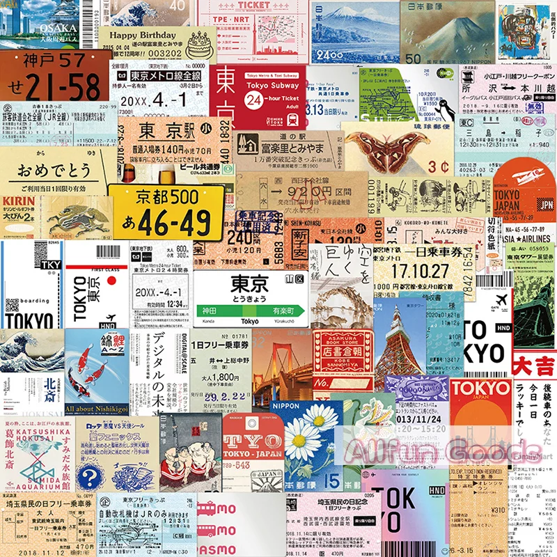 [TG835]60PCS Japanese Postcard Ticket INS Style Stamp Sticker Stationery Travel Diary Luggage Waterproof Helmet Stickers