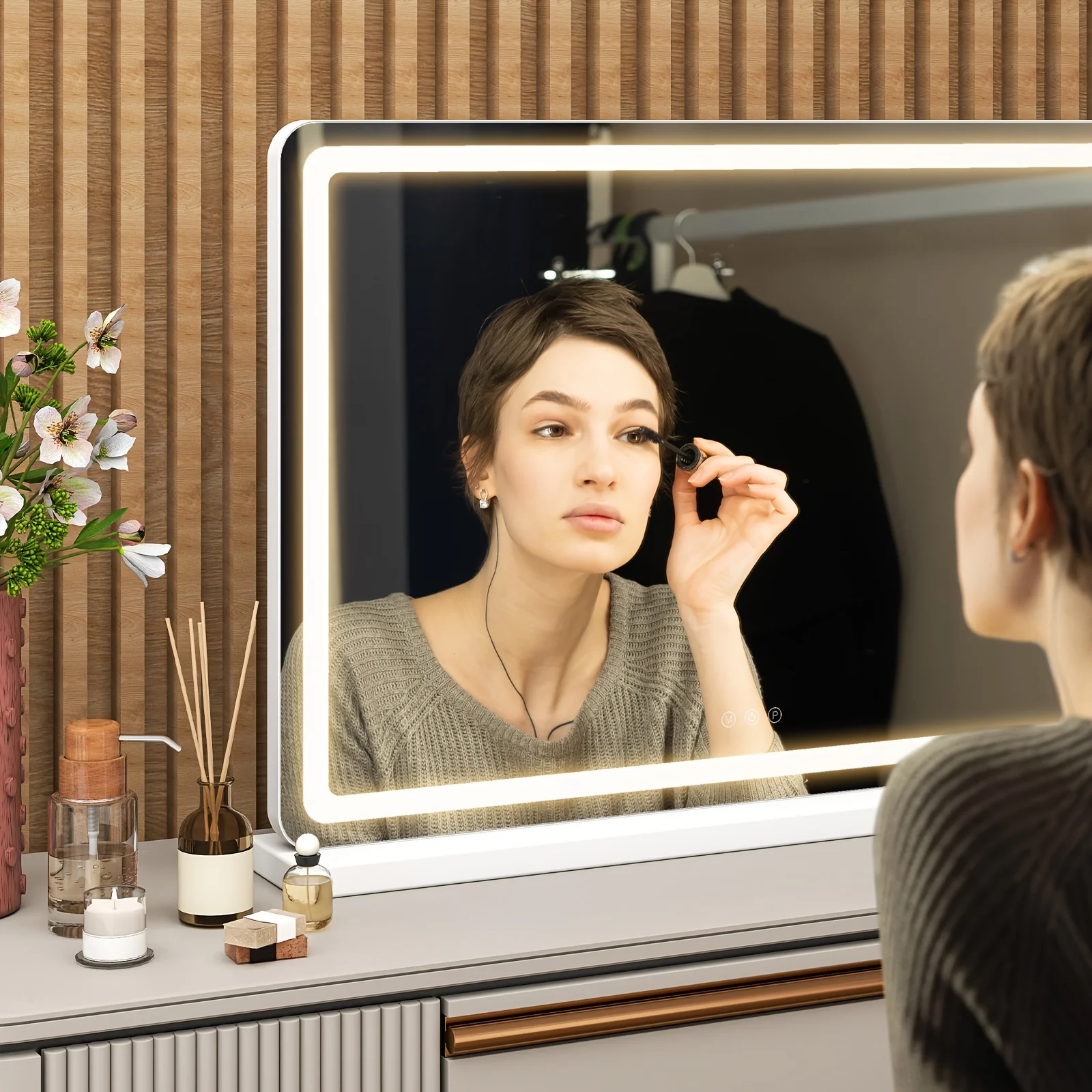

Smart LED Vanity Mirror with Dimmable Lights & Memory - 3 Color Modes, USB Port In Sleek Aluminum Frame for Bathroom, Bedroo