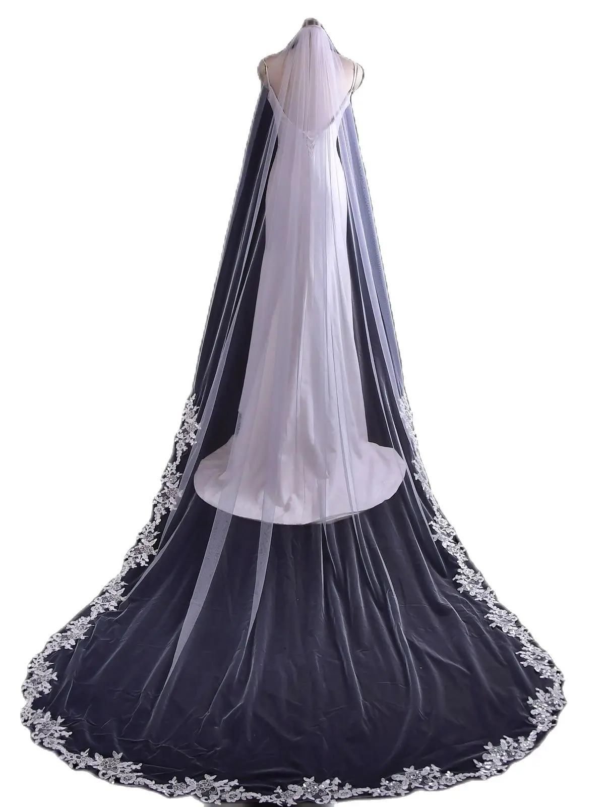 TOPQUEEN V47 elegante velo da sposa con pettine sottile capesante pizzo Trim cattedrale velo da sposa morbido pizzo svizzero a 1 livello di alta qualità