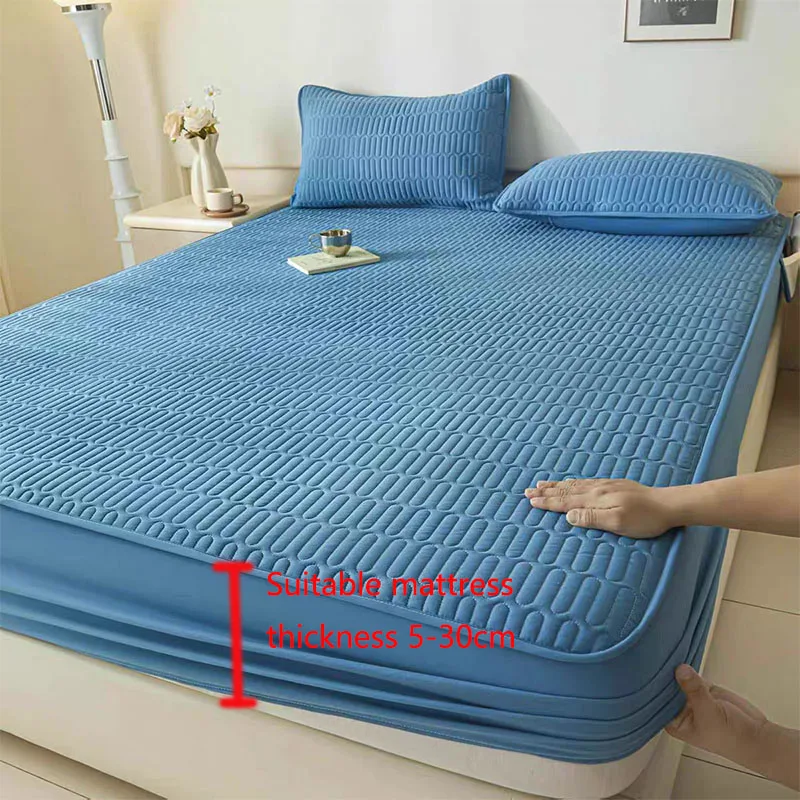 

Fashion Quilted Cooling Fitted Sheet Solid Color Breathable Mattress Protector for Single Double Bed Ice Silk Summer Bed Sheet