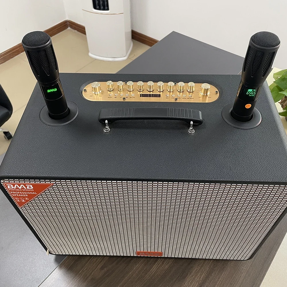 Estéreo Supergraves Retro de madera inalámbrico BT Karaoke altavoz con micrófono Audio sistema de sonido activo HIFI música Woofer altavoz de fiesta