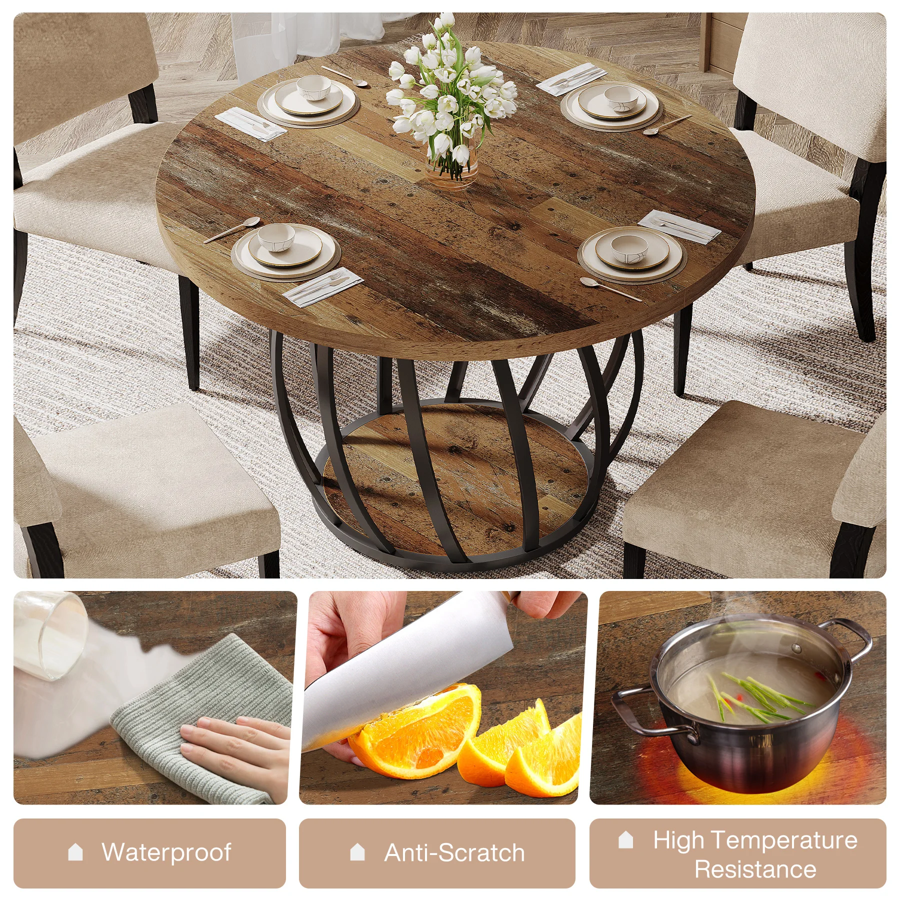 طاولة طعام مستديرة من Tribesigns، مقاس 46 بوصة (118 سم) طاولة مطبخ خشبية مع قاعدة معدنية قوية تتسع لـ 4-6 أشخاص، بني ريفي