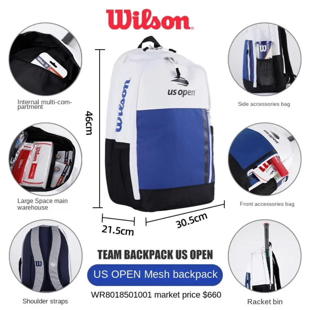 Wilson US Open 2023 Team Tennis Racket Backpack Super Tour Large Sports Tennis Bag for 2-3 Racquets Navy White WR8018501001