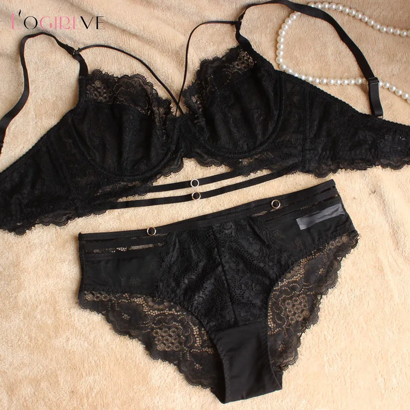 Logirlve, conjunto de sujetador de vendaje clásico, lencería, sostén push-up, conjunto de ropa interior de encaje, bragas transparentes sexis para mujer, ropa interior