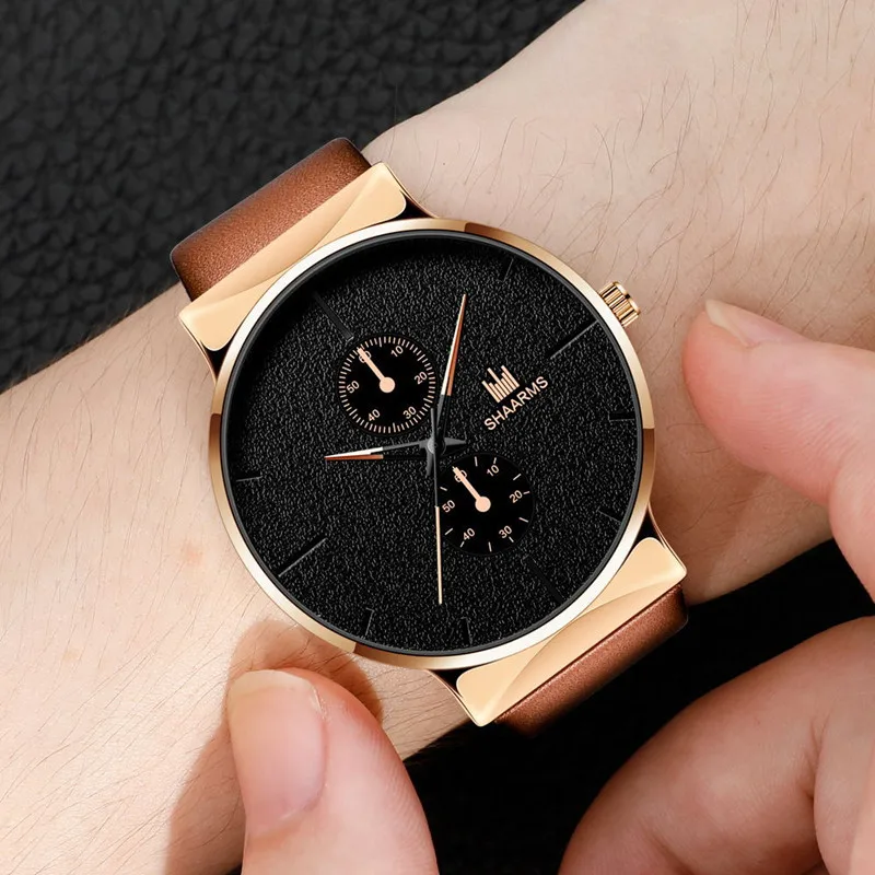 Fashion Luxury Mens Watches Dial Man Business Sports Watches Simple Black Leather Electronic Male Wrist Timepiece Casual Gifts