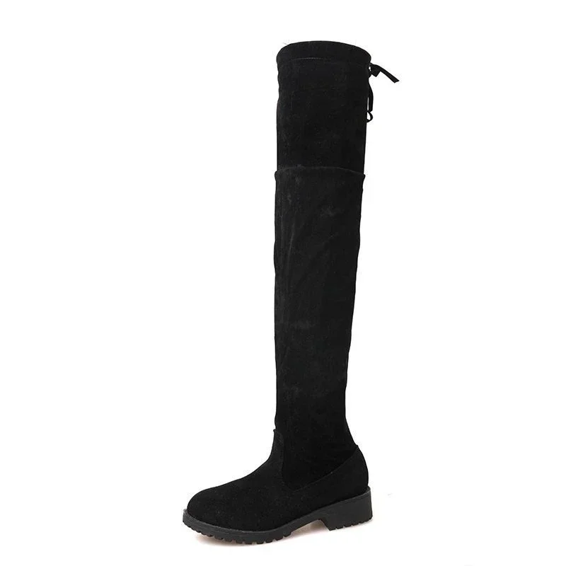 Autumn Faux Suede Women Heels Zipper Elastic Knee High Boots Women Tube Lace-up Thigh Gigh Boots Black Botas Mujer Female