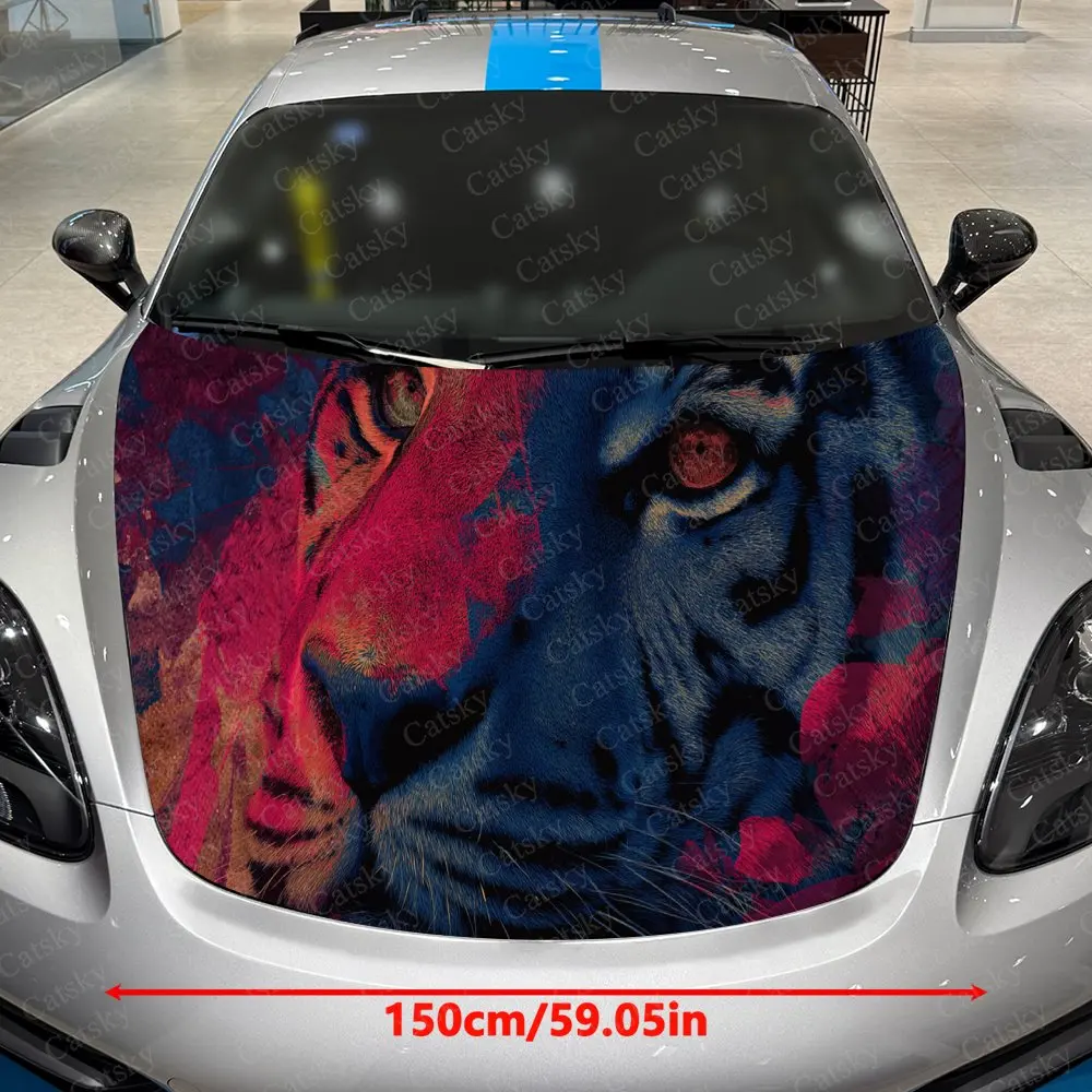 Car Decal Tiger with Red & Blue Artistic Fusion in Abstract Design, Creating a Bold and Emotive Visual Car Hood Sticker, Waterpr