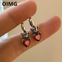 OIMG Silver - Plated Vintage Thai Silver Crown Love Heart Hoop Earrings For Women Crystal Red Gem Earring Trendy Jewelry