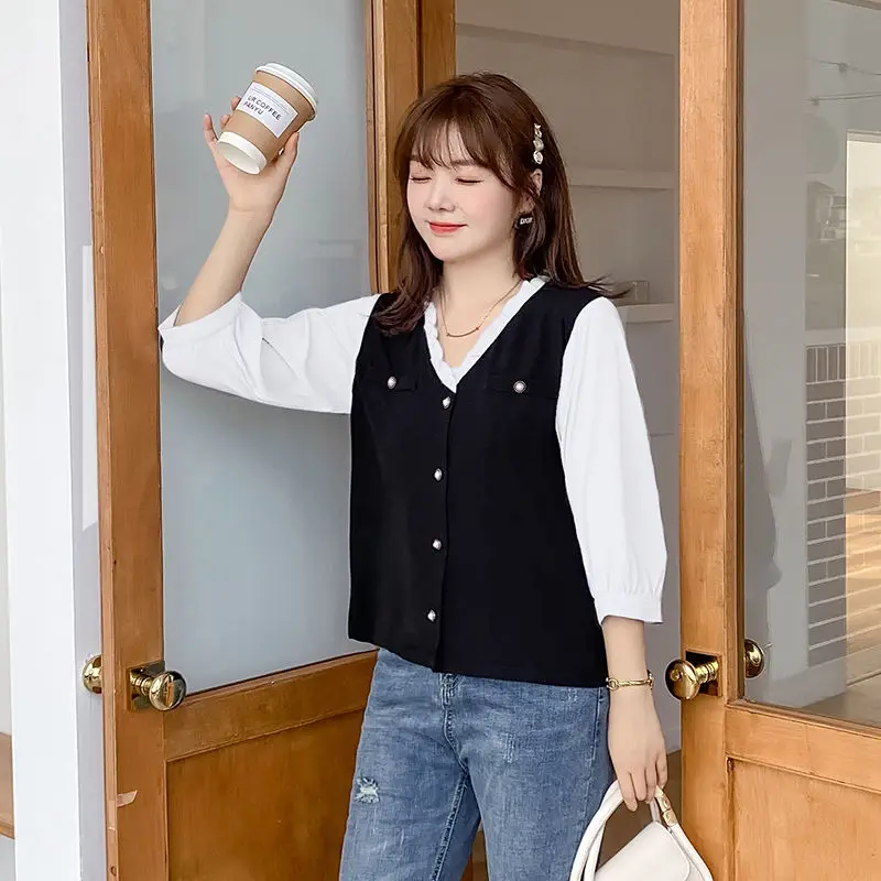 

Spring Autumn 2025 V-ne Casual Slimming Cover-up Seven-quarter Sve Chiffon Top plus Size Women's Upper Body Open Cardigan