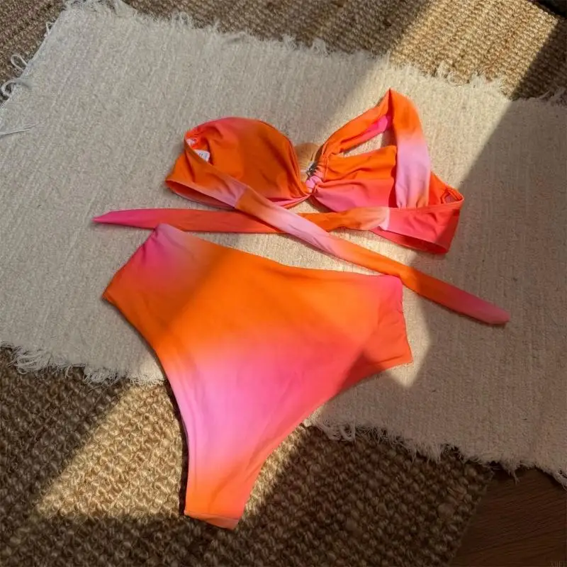 x9ff二枚のピース水着セットハイウエストスプリットタンキニグラディエントフラワーデザインコンフォートウェアビーチプールパーティー衣装