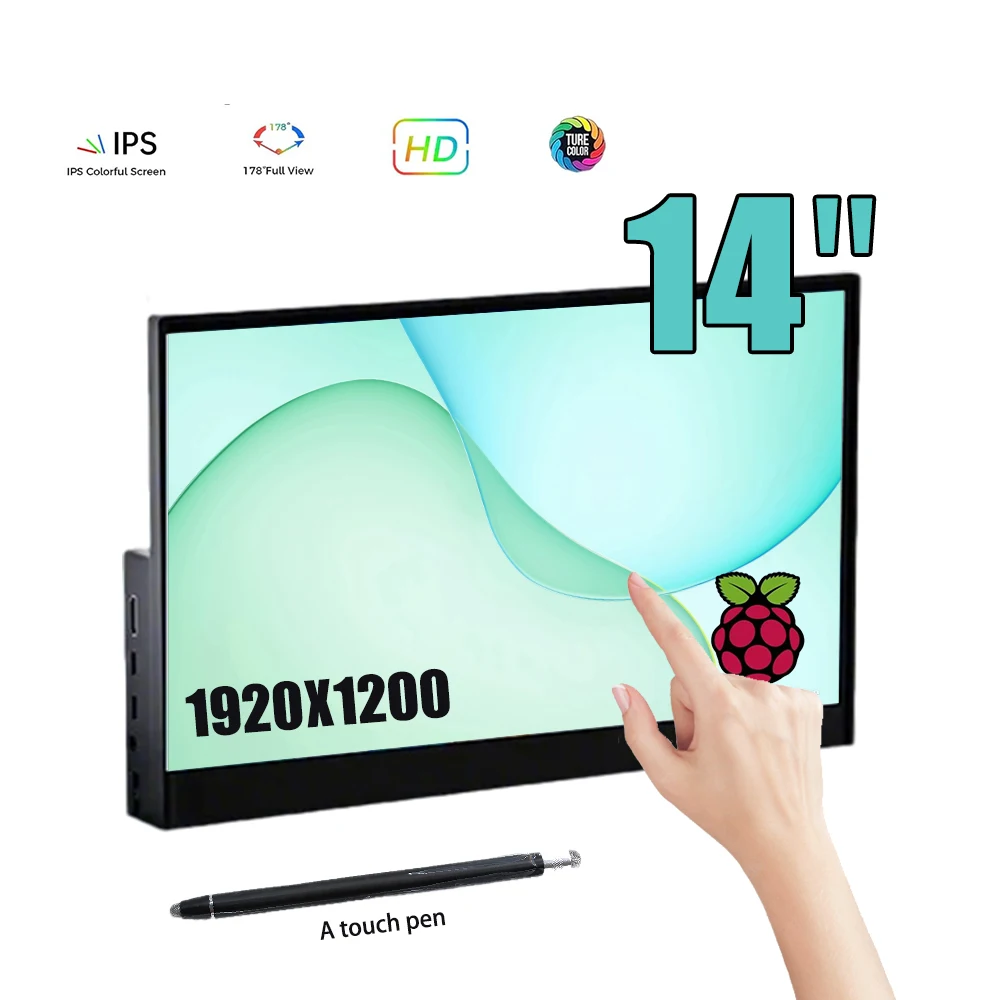 14 inch draagbare touchscreenmonitor 1920x1200 16:10 HDMI USB voor Raspberry Pi 5/4/3, driverloos Plug & Play PC 2e scherm