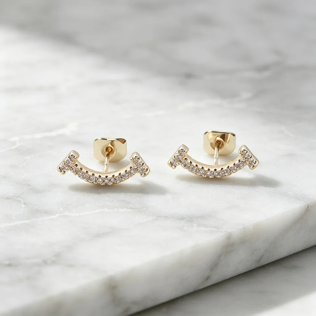 Curved Smile Stud Earrings, Rhodium Plated, Inlaid Cubic Zirconia, Minimalist Arc Shape Ear Jewelry for Women Daily Wear