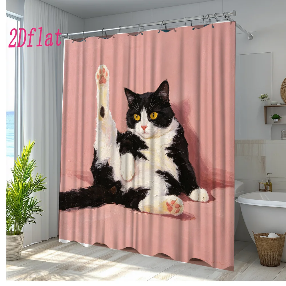 Cute Funny Cat Portrait Shower Curtain Bathroom Decor Novelty Pet Art Waterproof Curtain for Modern Home Bathroom