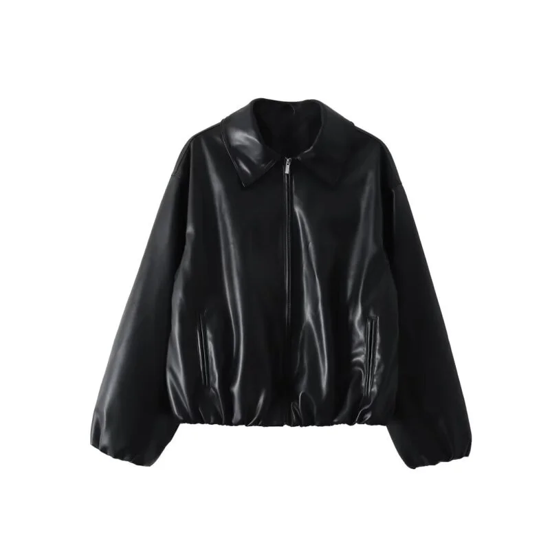 Kurtka damska ze sztucznej skóry w stylu motocyklowym, streetwear, retro, z długim rękawem, zapinana na zamek, prosta kurtka, odzież wierzchnia, na zimę.