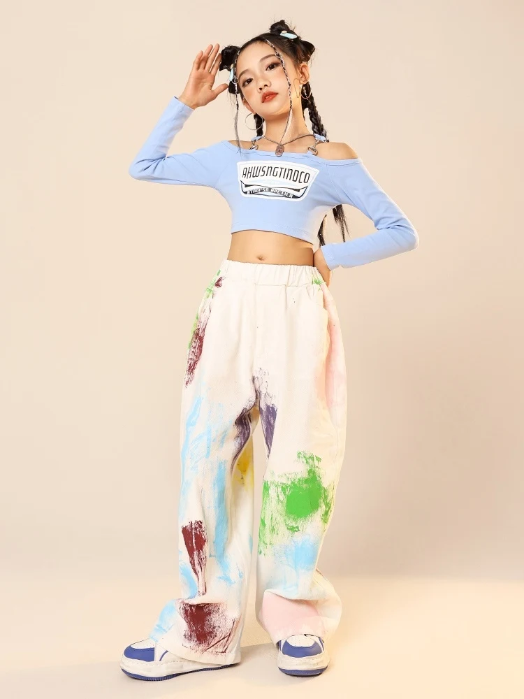 Kpop Style Jazz Dance Clothes For Girls Blue Crop Tops Long Sleeves Tie-Dyed White Hip Hop Pants Kids Performance Wear BL13593