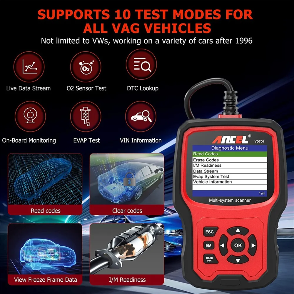 Ancel VD700 Car Diagnostic Tools Professional OBD2 Scanner ABS EPB TPMS DPF Full System OBD2 Code Reader for VAG VW Audi Skoda