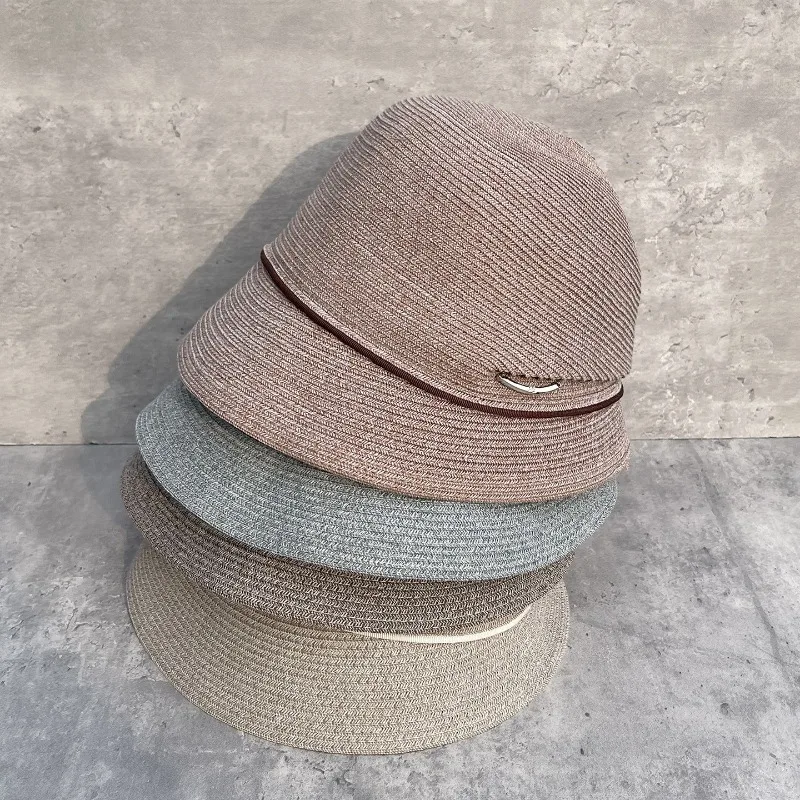 Women's Summer Minimalist Color Block Pleated Mixed Woven Bucket Sun Hat