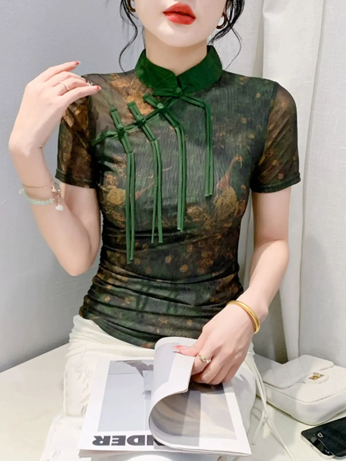 2024 New Chinese Style Female T-shirt Spring Summer Stand Collar Woman S-3XL Short Sleeves 3D-decoration Printed Animal Mesh