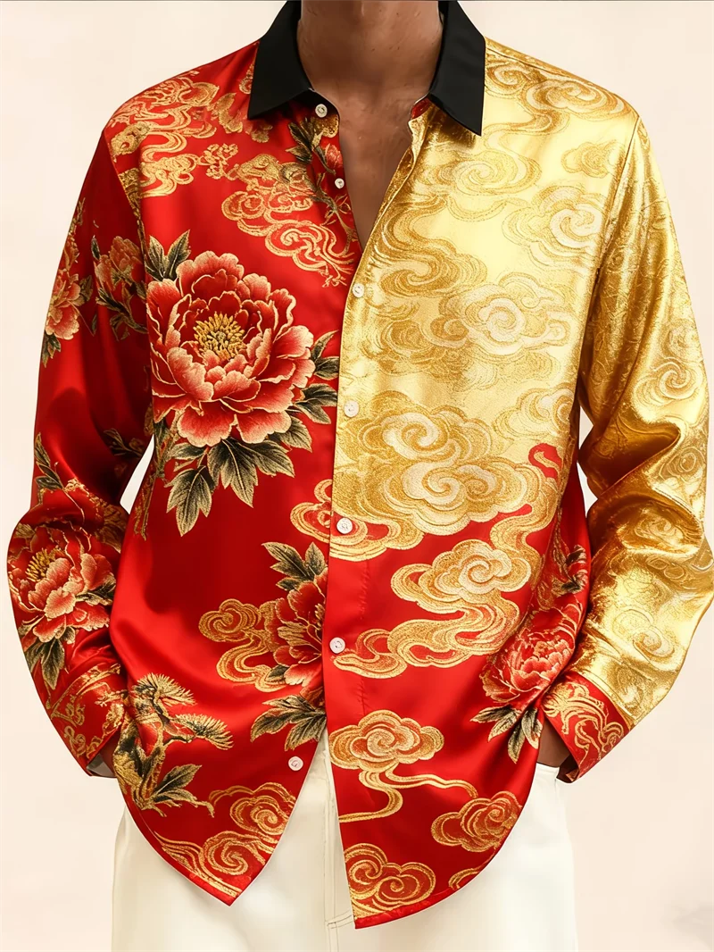 

New 10 color men's long sleeved shirt with 3D printed collar button pattern casual top men's long sleeved top