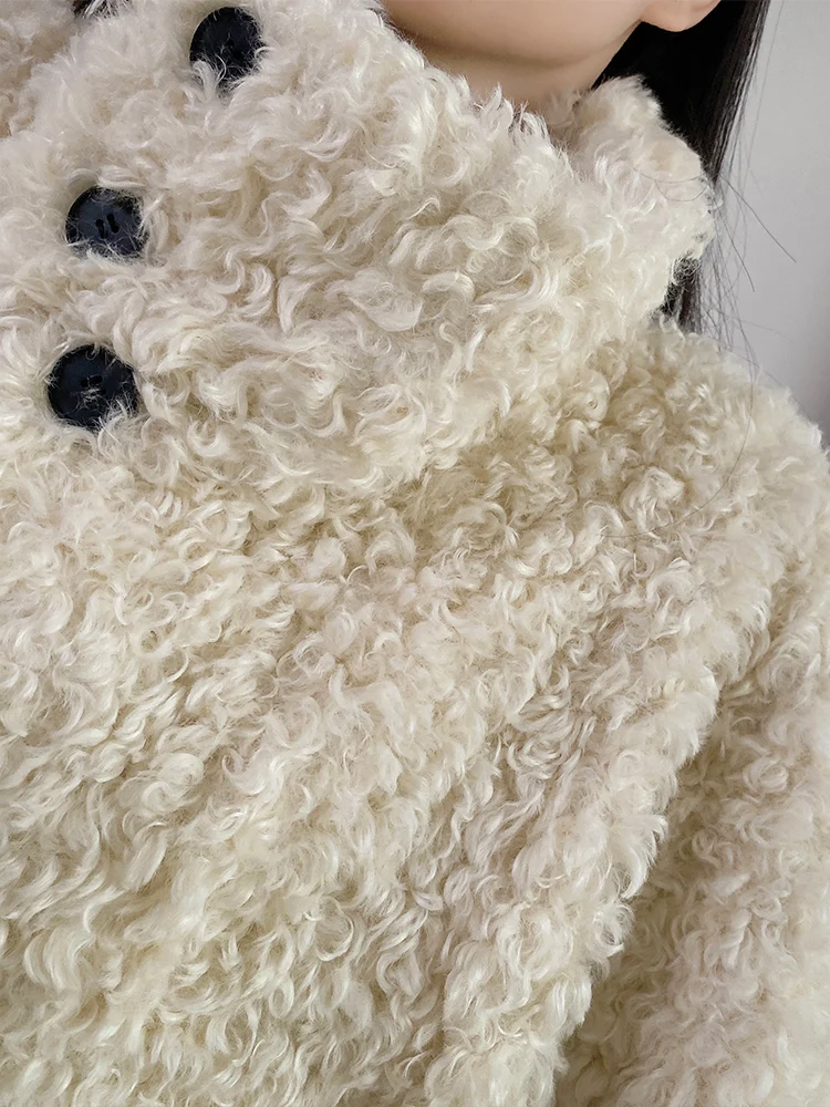 YAHI クリーミーホワイトラムファージャケット レディース 冬用 厚手 ミディアム丈 一体型レザーファーアウター シンプルスタイル 長袖