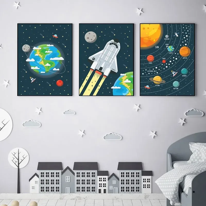 Nursery Solar System Earth Canvas Painting Planet Space Shuttle Wall Art Poster and Prints for Bedroom Pictures Home Decor