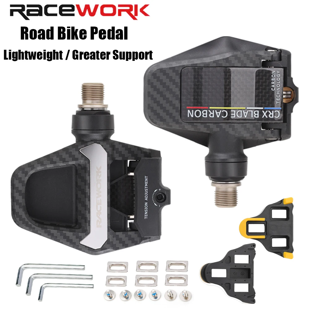 Image of RACEWORK Rennradpedale, selbstsichernde Fahrradpedale, große Lager, Kohlefaser-Nylon, ultraleichte Clipless-Plattformpedale für SPD