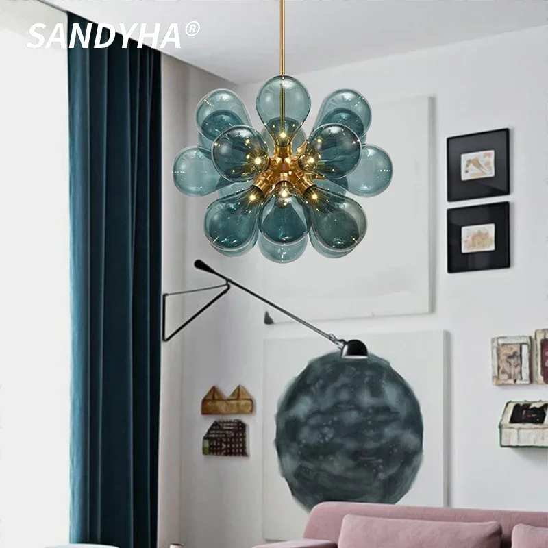 SANDYHA  American style Living Room Pendant Lights Minimalist Bedroom Children's Room Blue Pink Bubble Ball Glass LED Chandelier