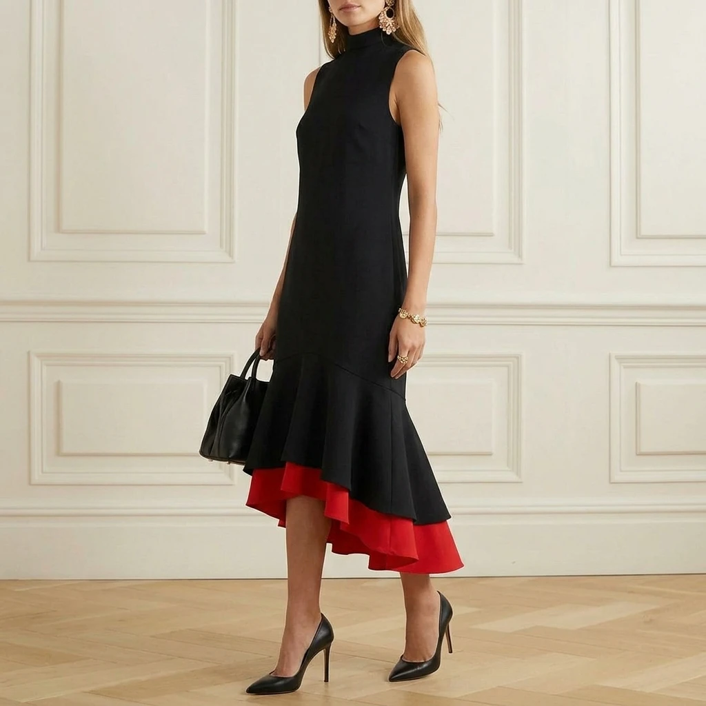 

Yeezzi 2026 New Women's High Neck Ruffle Hem Midi Dresses Black Red Contrast Color Elegant Evening Party Wedding Guest Dress