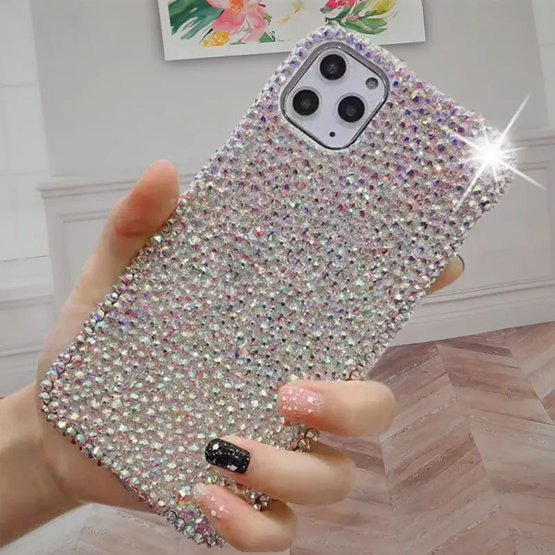 

White Rhinestone Phone Case for iPhone 15 Pro Max 15 14 Plus 13 12 11 XSMax with Chain Anti Fall Protective Cover